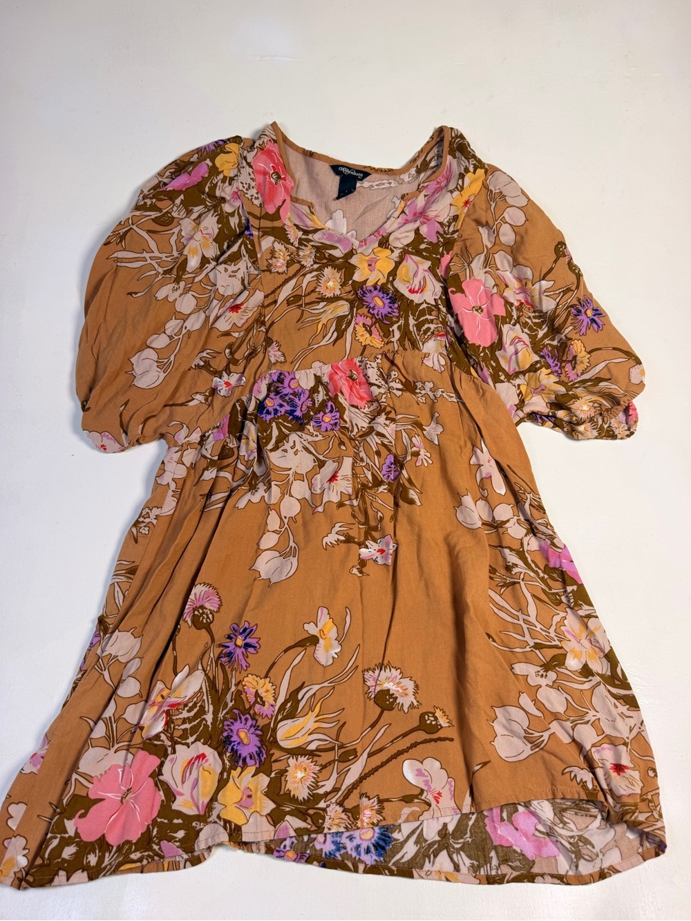 Women's Floral Midi Dress in Tan with Pink & Purple Bloom